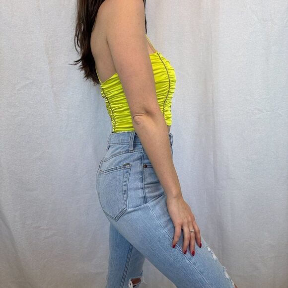 For Love and Lemons Yellow Satin Corset Ruched Crop Top with Rhinestones - Picture 2 of 13